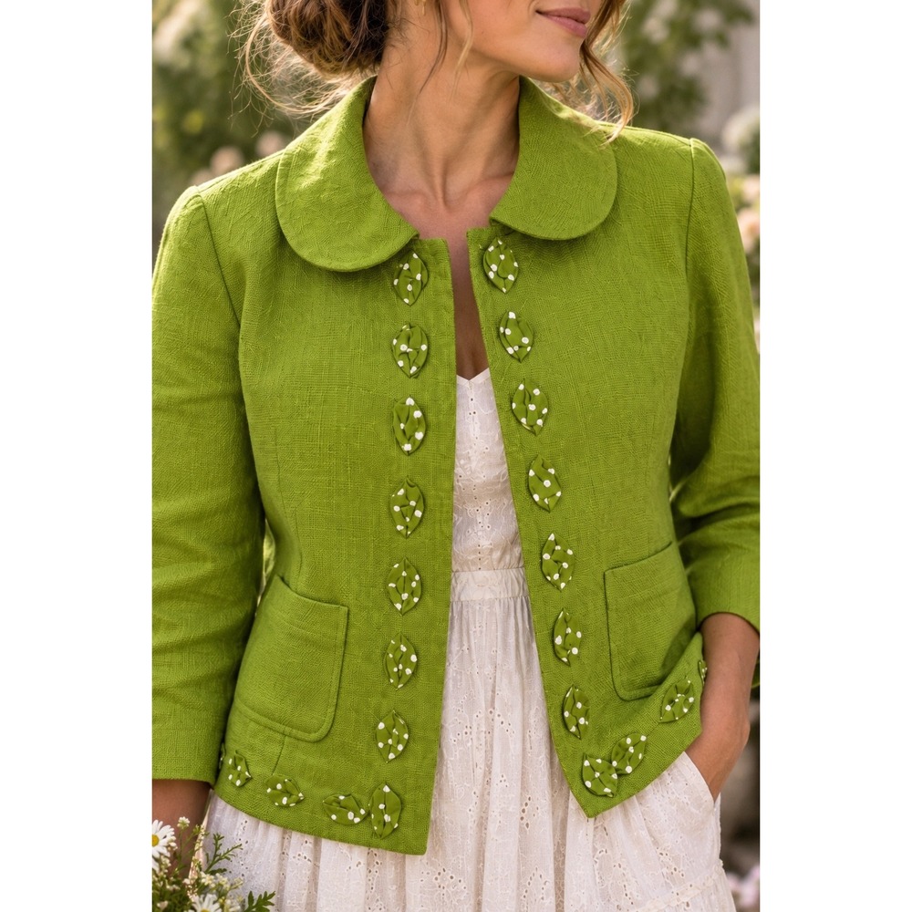Boden Green Linen Cotton Blend Polka Dot Leaf Applique Jacket US 10 Cottagecore